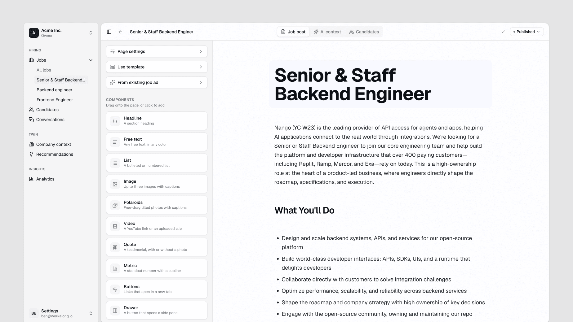 The workalong editor with a job page taking shape