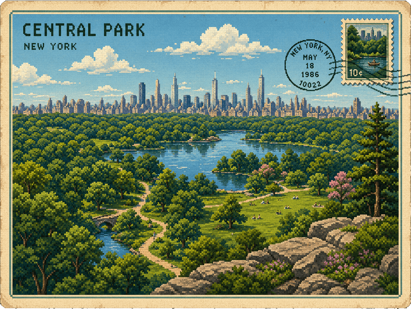 Pixel-art postcard of Central Park, New York